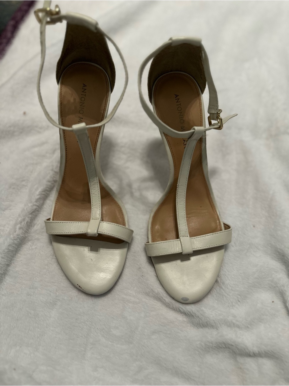 ANTONIO MELANI Ivory T-Strap Ankle Strap Heels